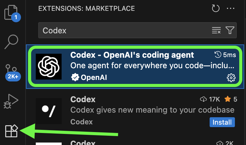 在 VS Code 扩展市场搜索并安装 Codex 插件